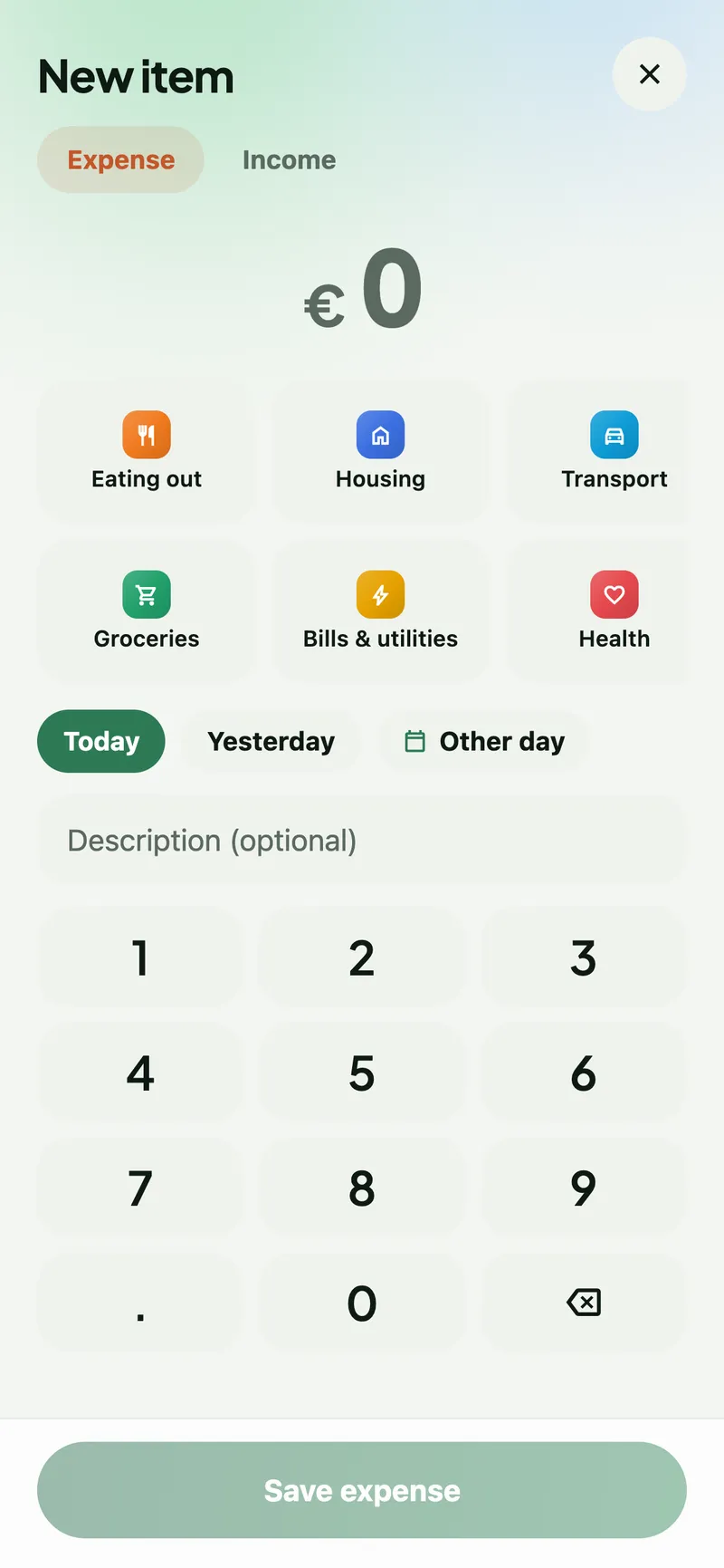 New item form: expense or income, category tiles, today or yesterday, and a number pad.