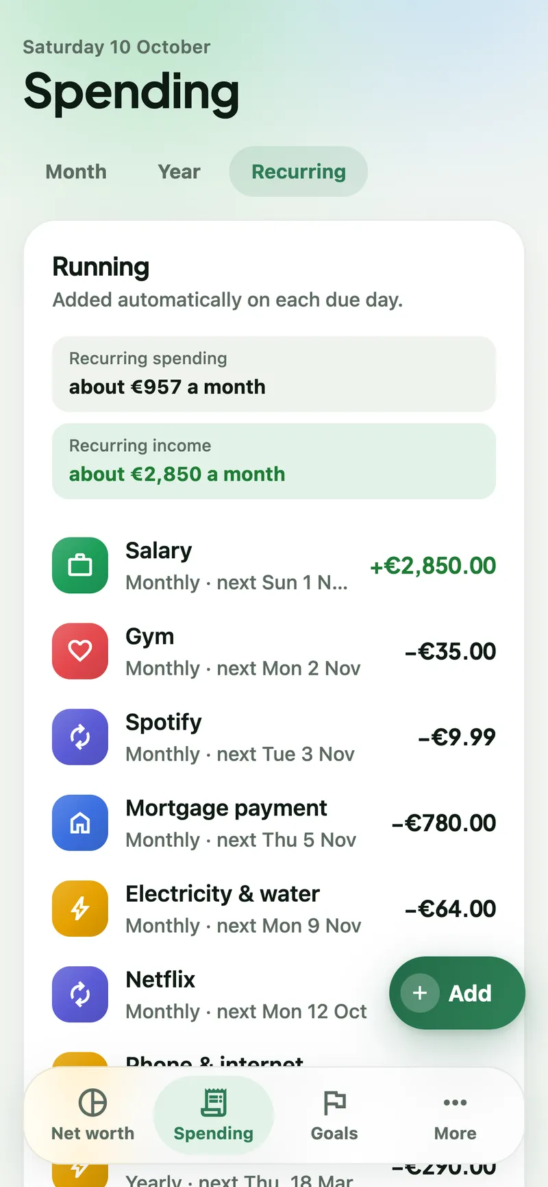 Recurring view listing salary, gym, Spotify, mortgage and other monthly payments with their next dates.