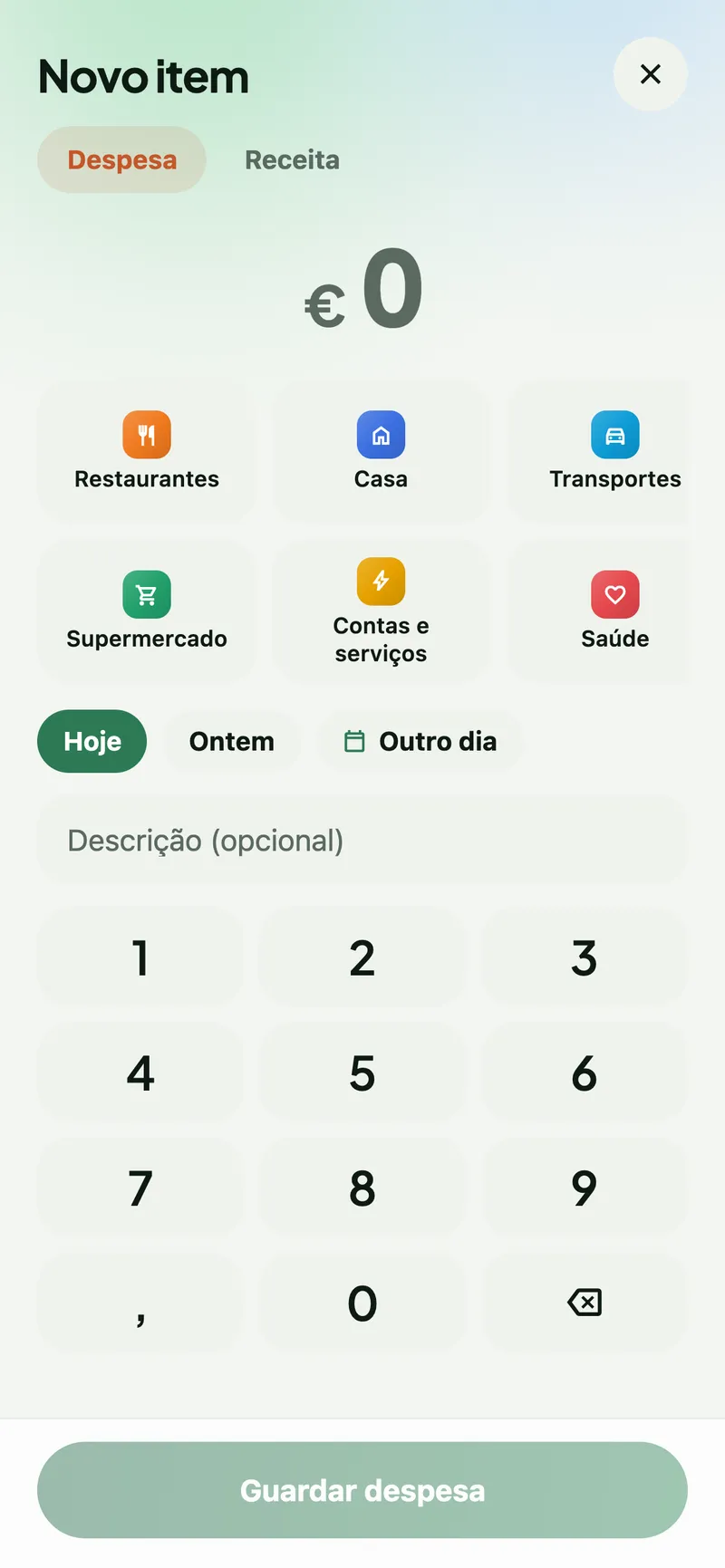 Formulário de novo item: despesa ou receita, categorias, hoje ou ontem e um teclado numérico.
