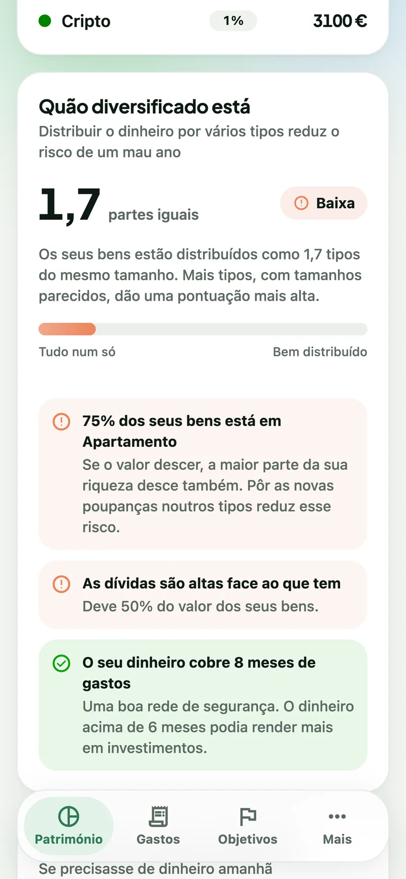 Cartão de diversificação com 1,7 partes iguais e avisos sobre concentração, dívida e reserva de dinheiro.